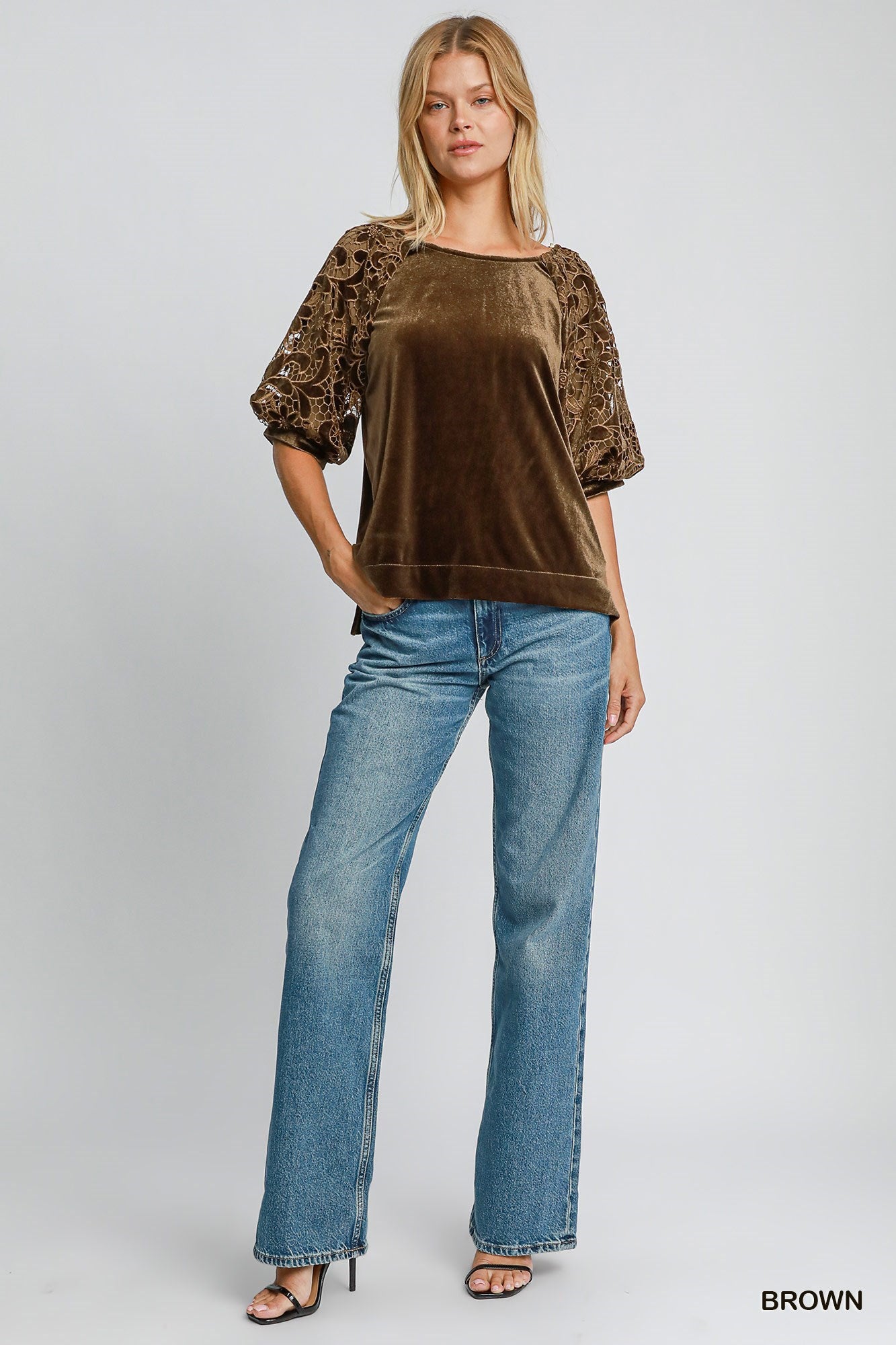 Velvet top with Floral Lace Sleeve