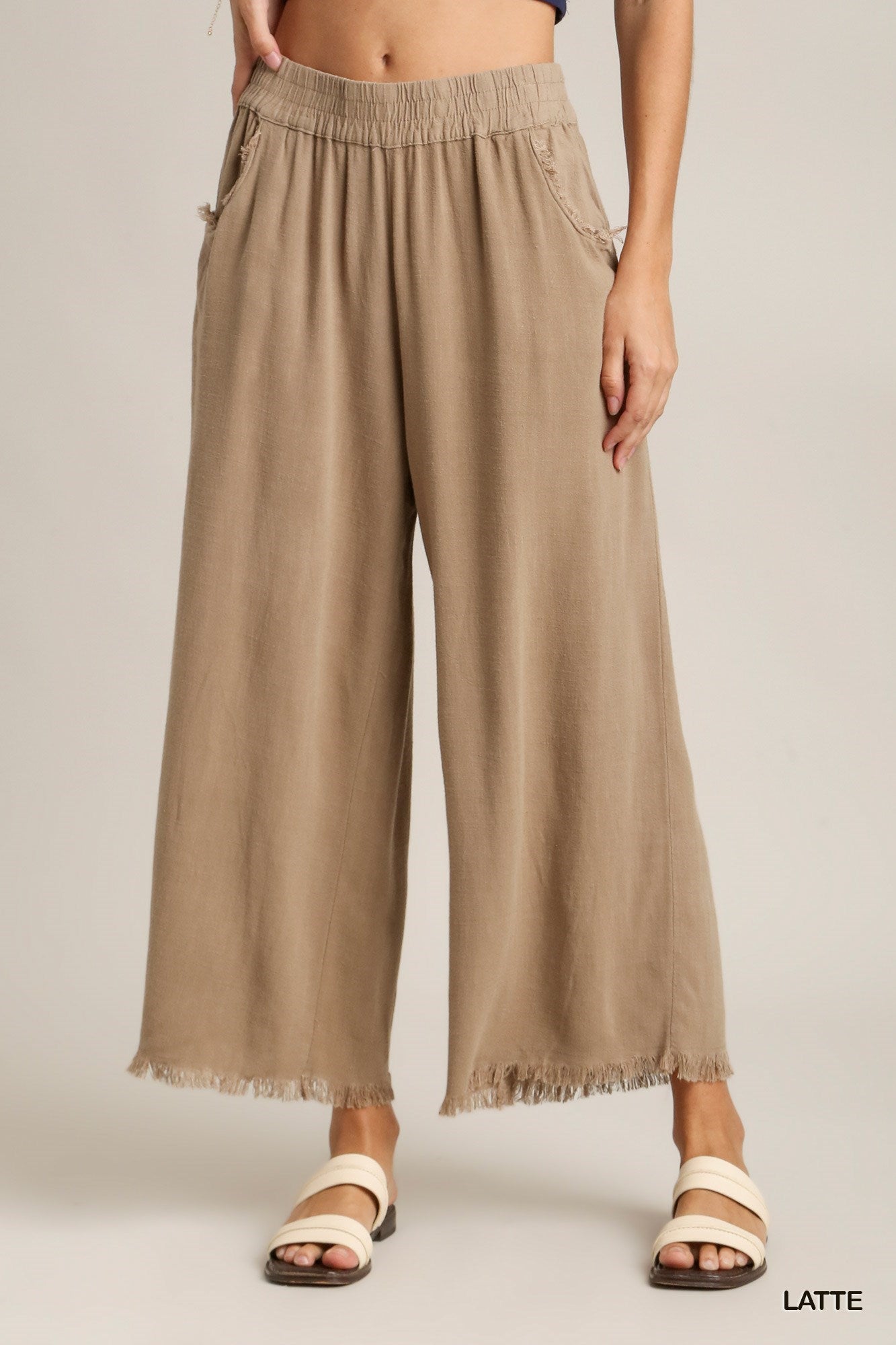 Wide Leg Pant with Elastic Waist, Pockets, and Frayed Hem