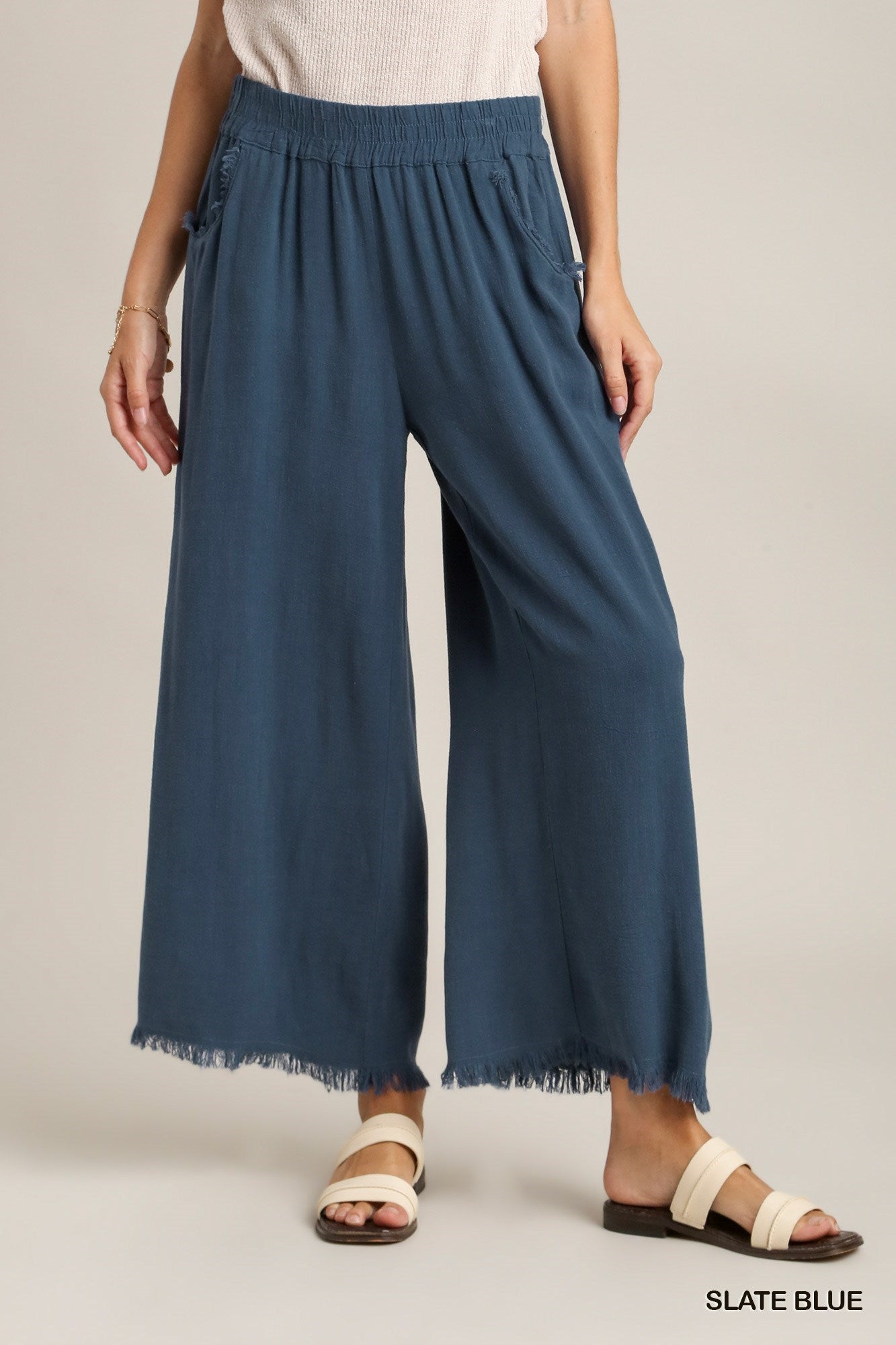 Wide Leg Pant with Elastic Waist, Pockets, and Frayed Hem