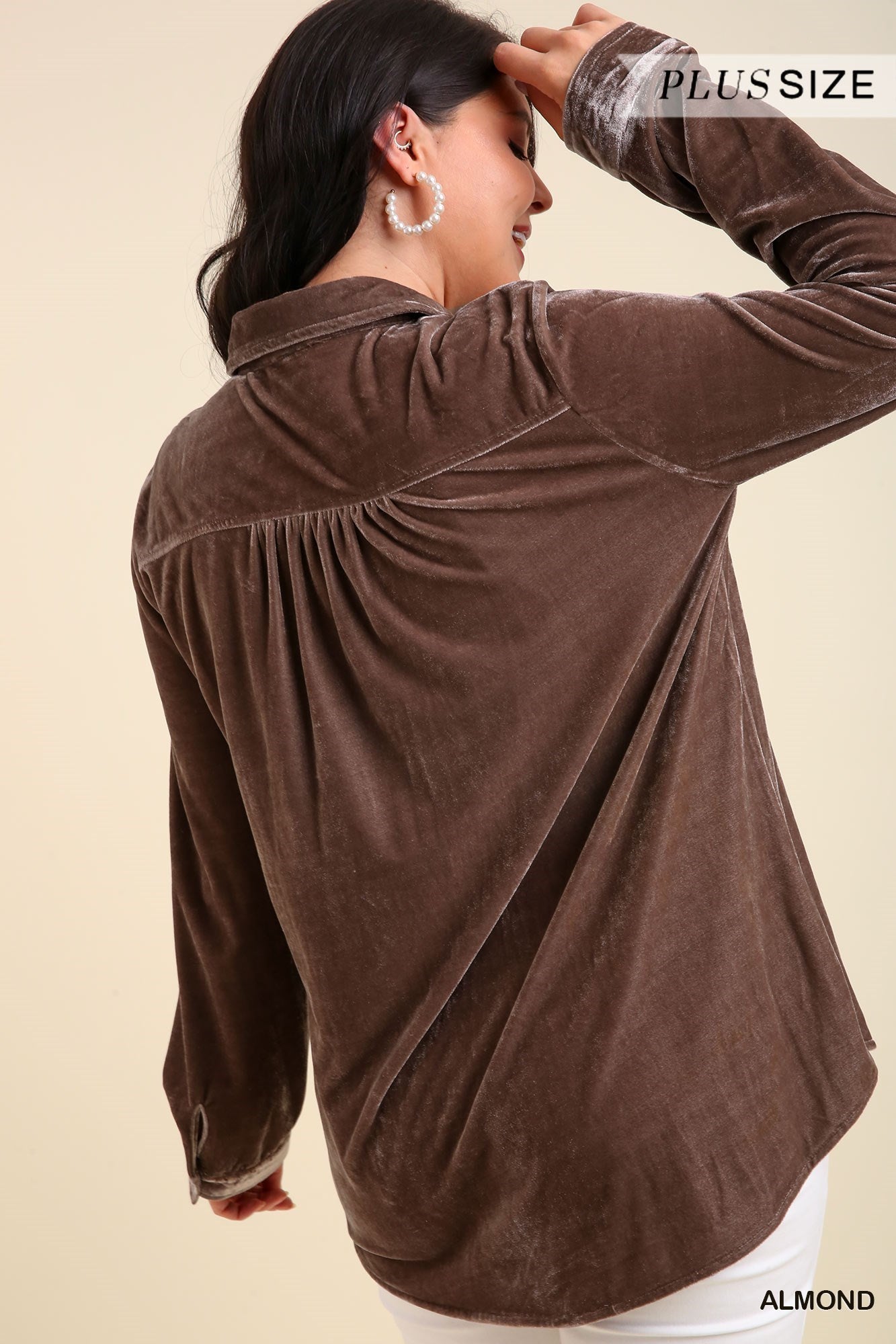 Long Sleeve Velvet Button Up Top with Pockets