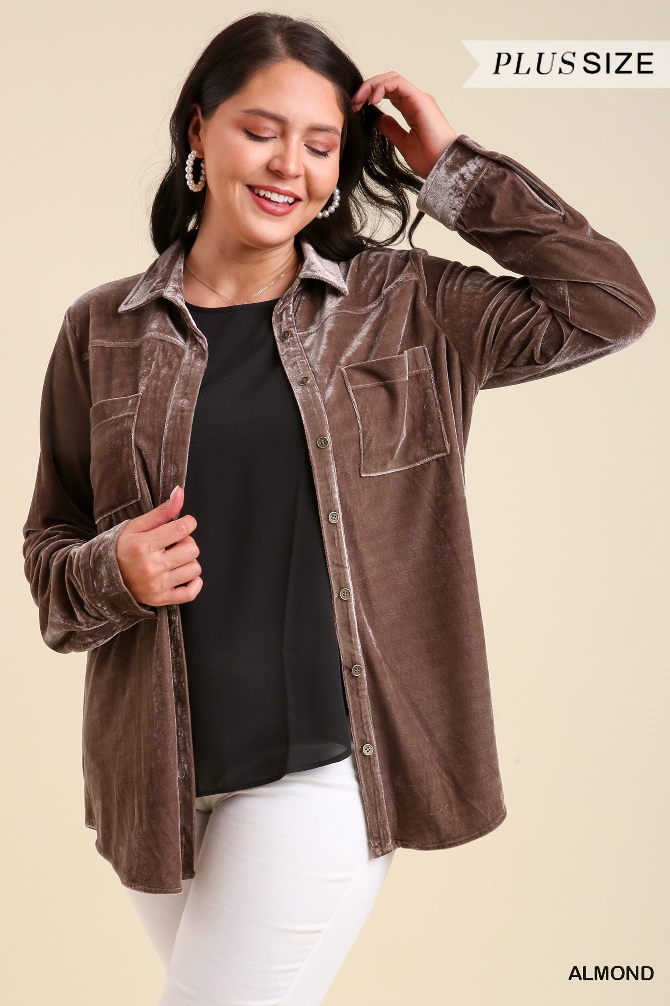 Long Sleeve Velvet Button Up Top with Pockets