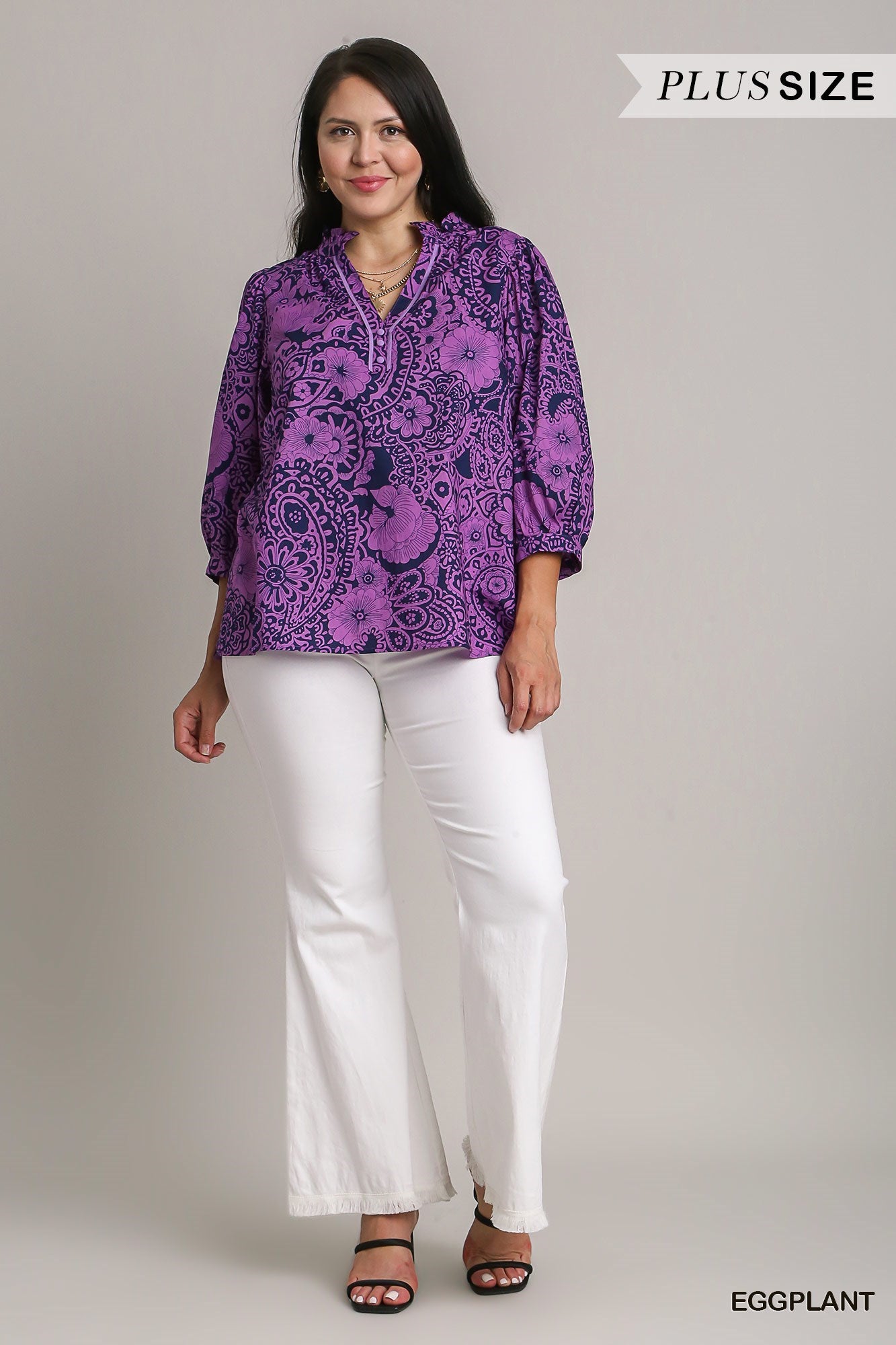 Mixed Print V-Notched Ruffle Top 3/4 Sleeves with Side Slit