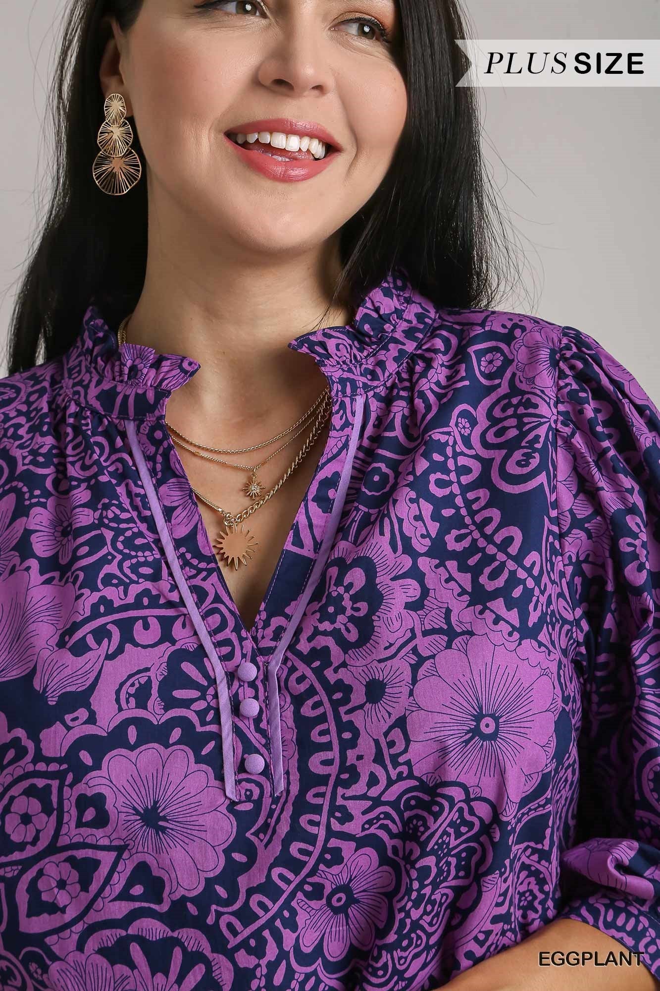 Mixed Print V-Notched Ruffle Top 3/4 Sleeves with Side Slit