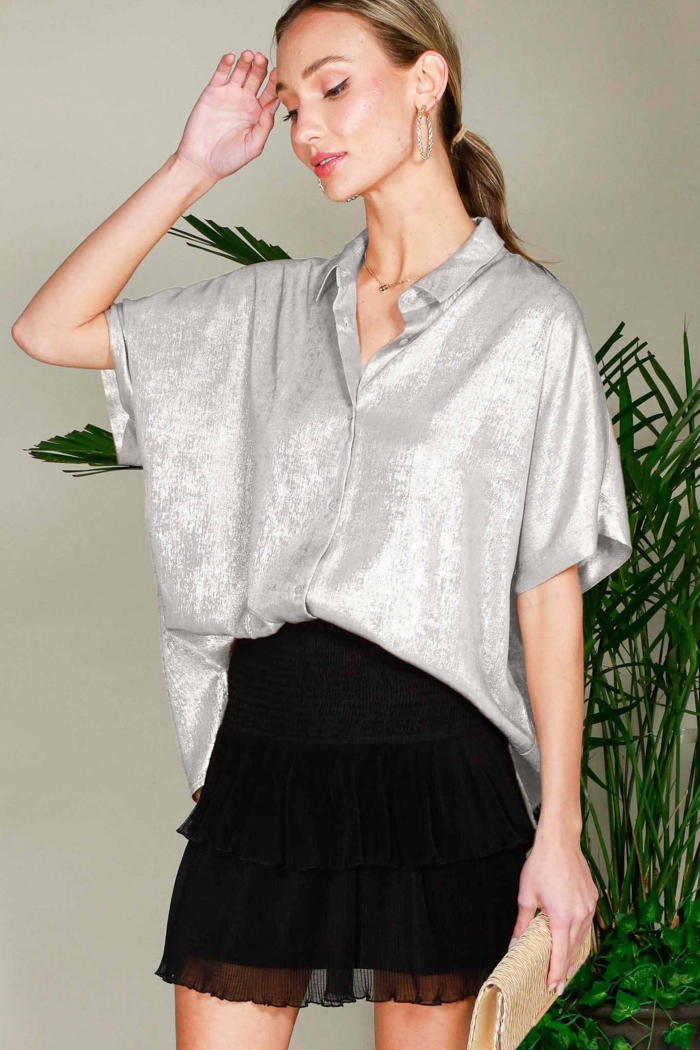Metallic Woven Button Front Closure Blouse T