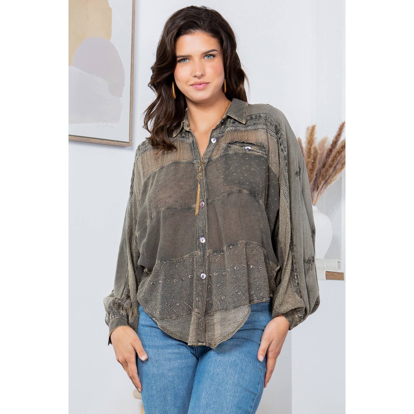 Embroidery Bishop Sleeves Loose Top