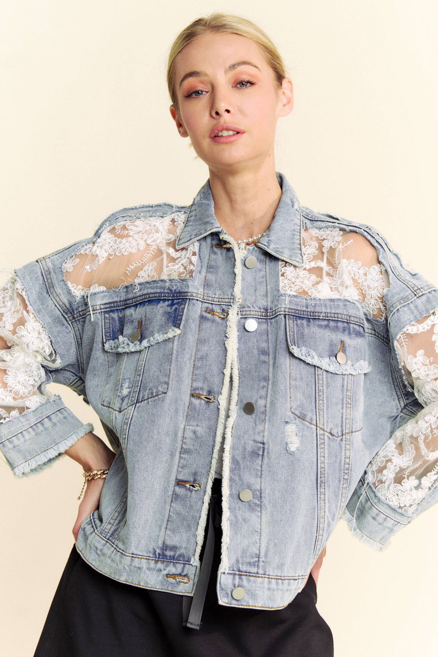 FLORAL EMBROIDERY LACE DISTRESSED DENIM JACKET