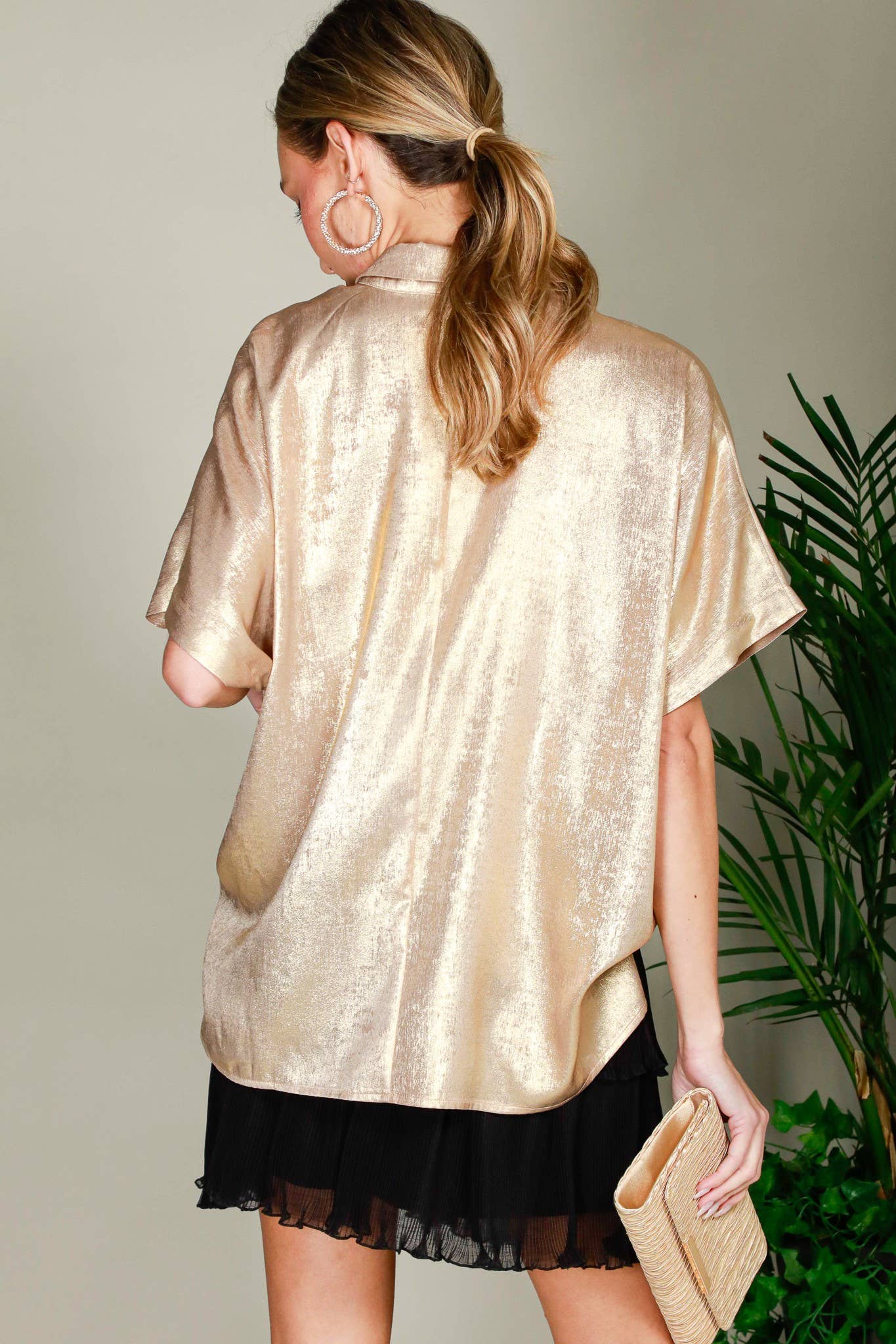 Metallic Woven Button Front Closure Blouse T