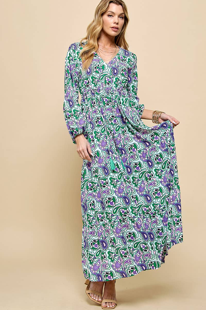 Paisley Print V neck Maxi Dress