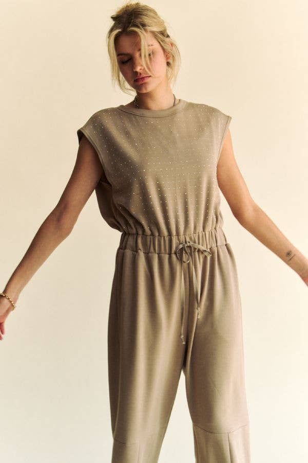 CREW NECK RHINESTONE TOP JOGGER JUMPSUIT