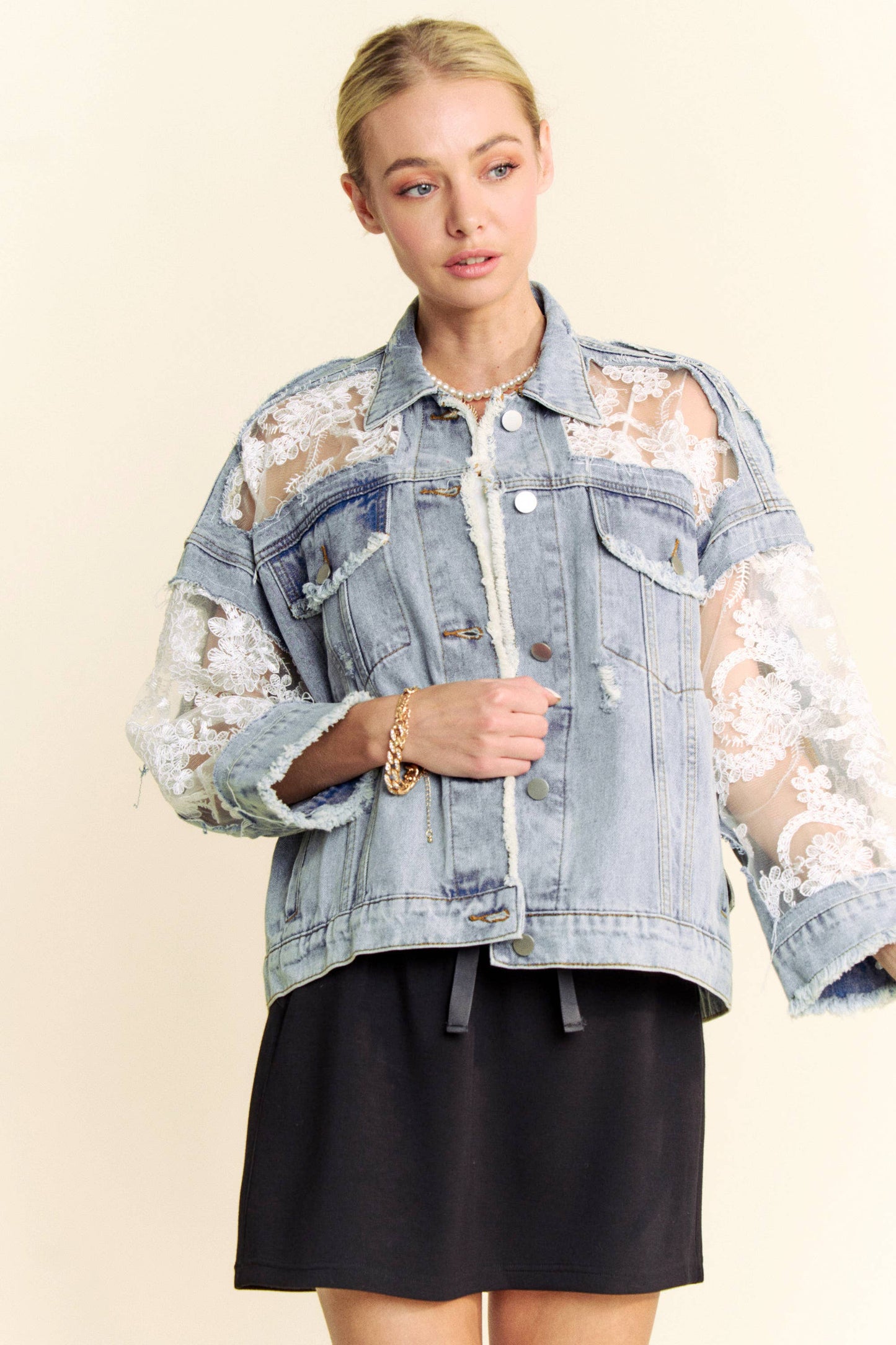 FLORAL EMBROIDERY LACE DISTRESSED DENIM JACKET