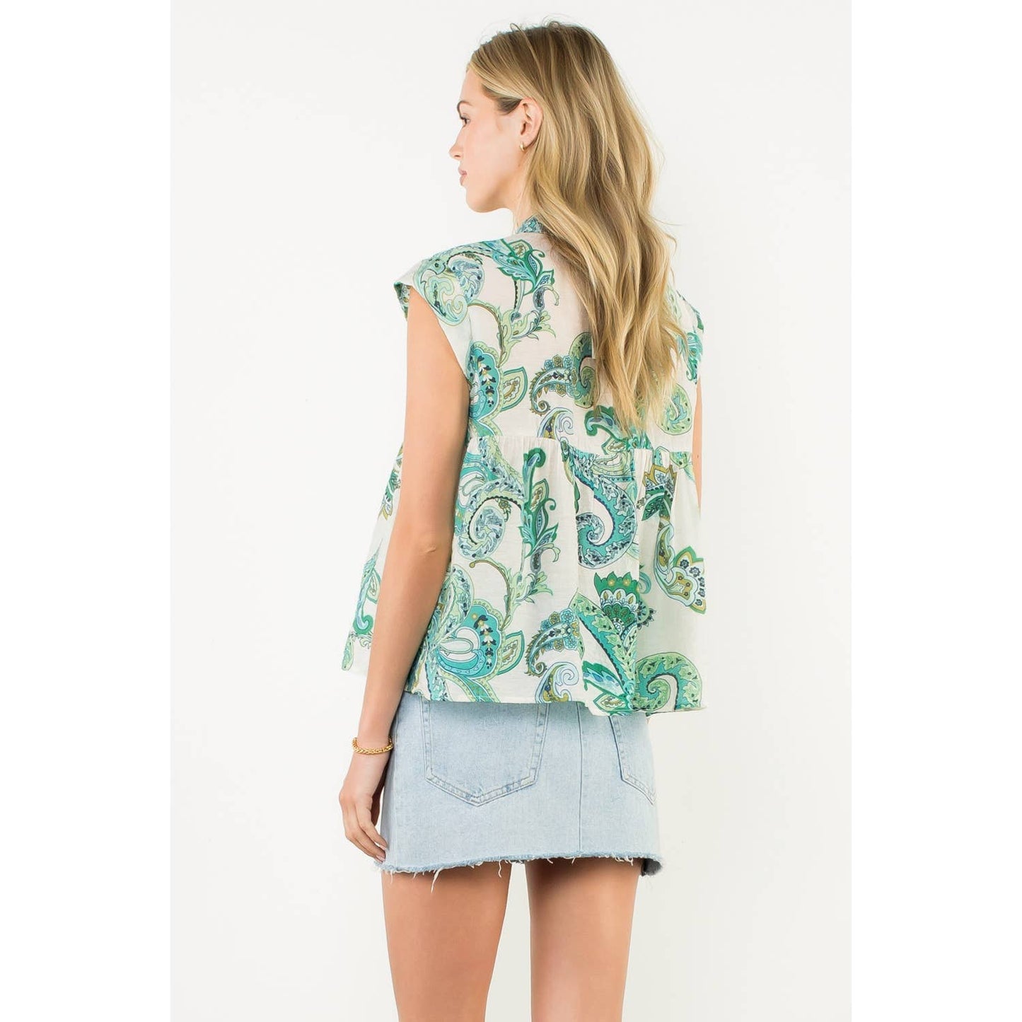 Cap Sleeve Paisley Button Down Top