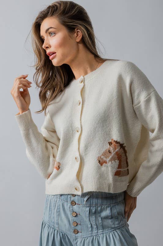 Horse Graphic Button Front Cropped Cardigan