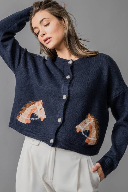 Horse Graphic Button Front Cropped Cardigan