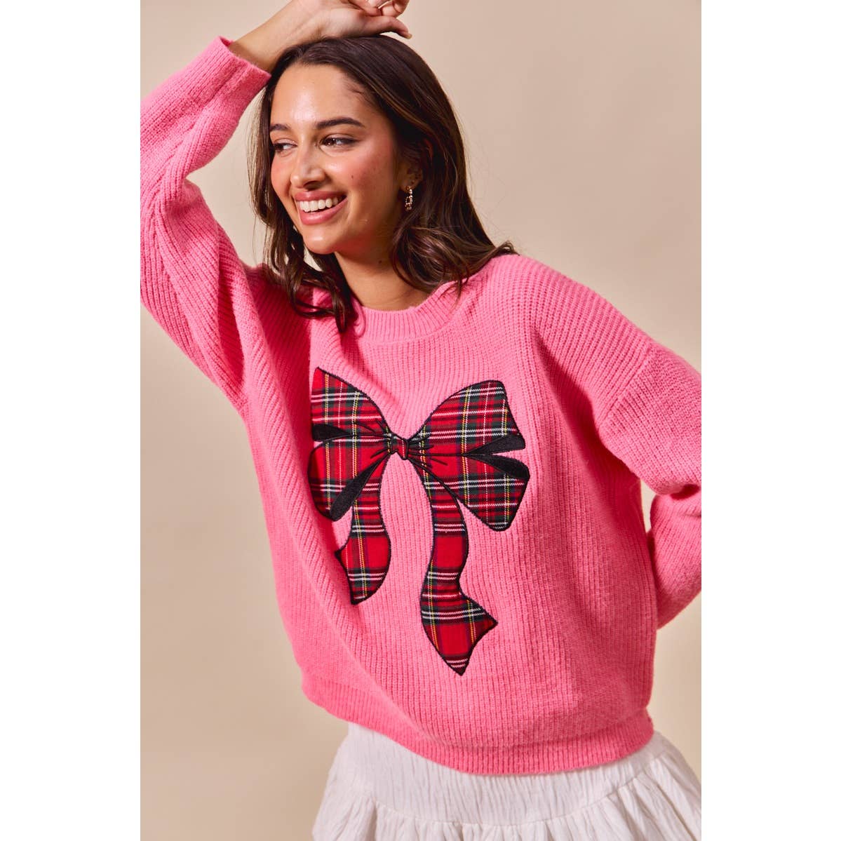 CHECKER PLAID RIBBON CHRISTMAS HOLIDAY SWEATER TOP