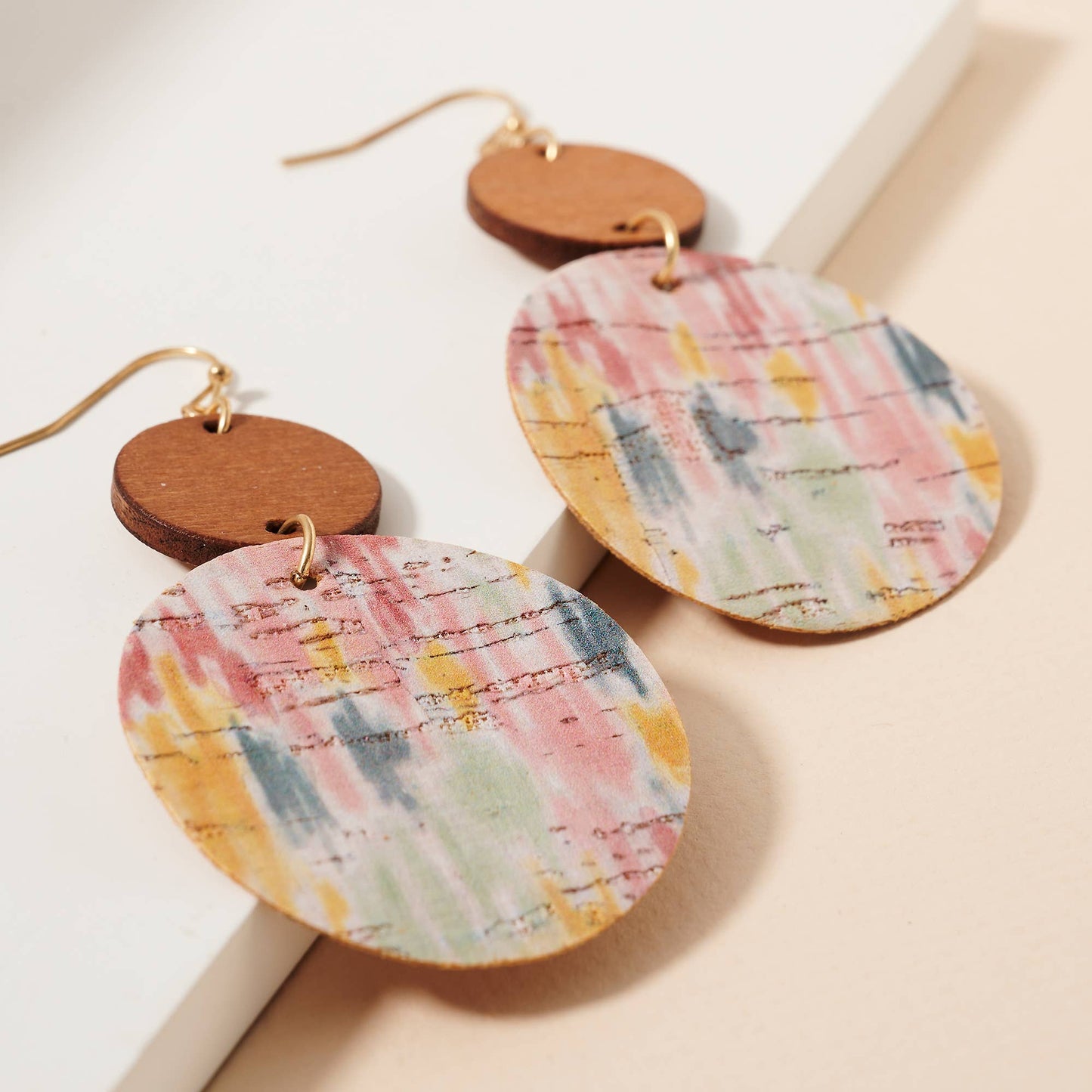 Water Paint Print Cork Wood Dangling Earrings