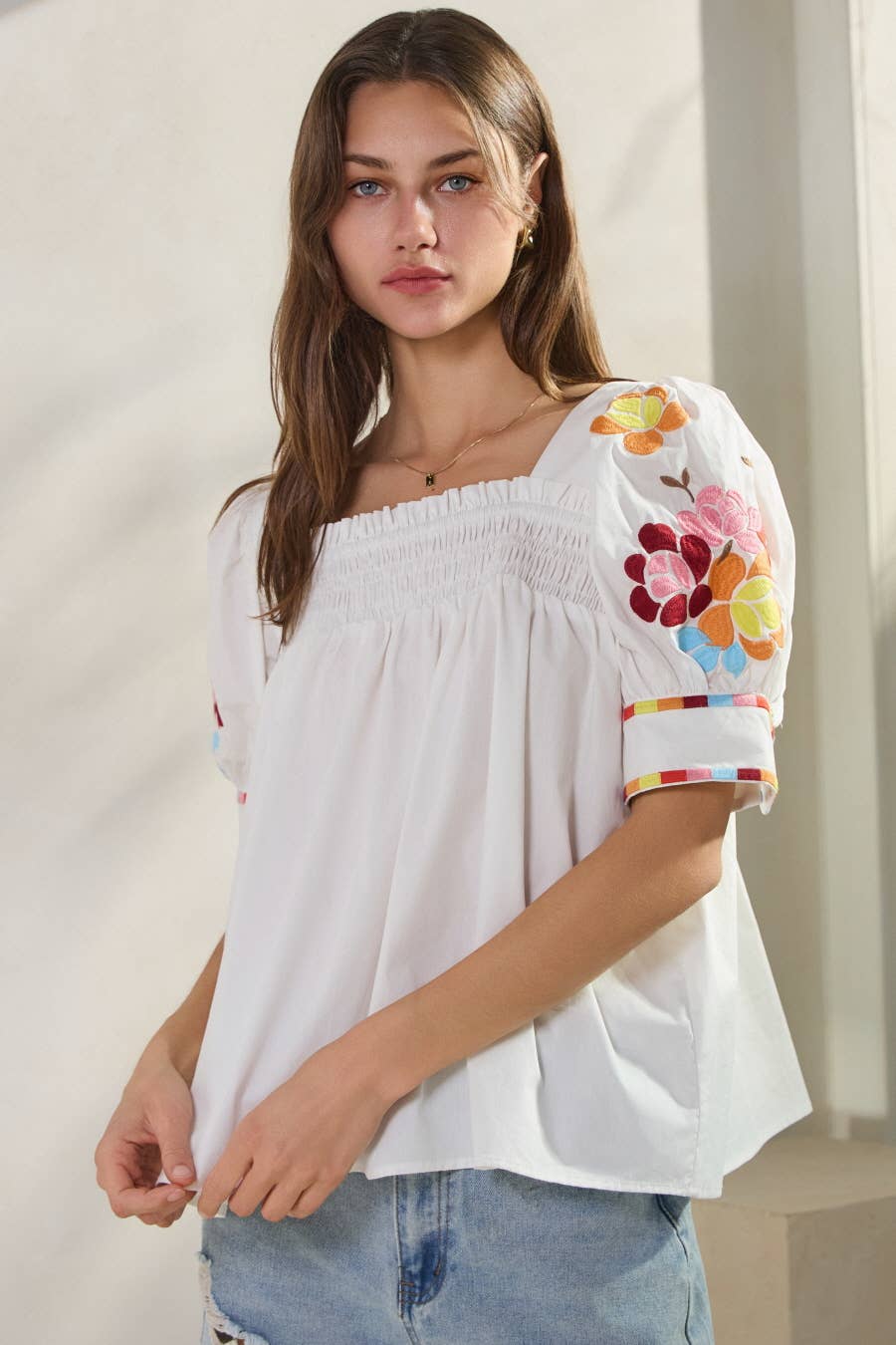 Solid Poplin Smocked Top Blouse