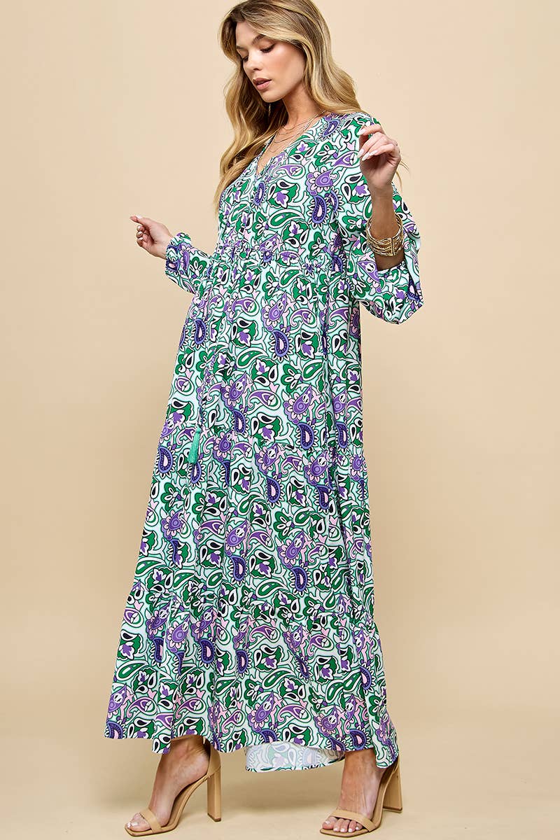 Paisley Print V neck Maxi Dress
