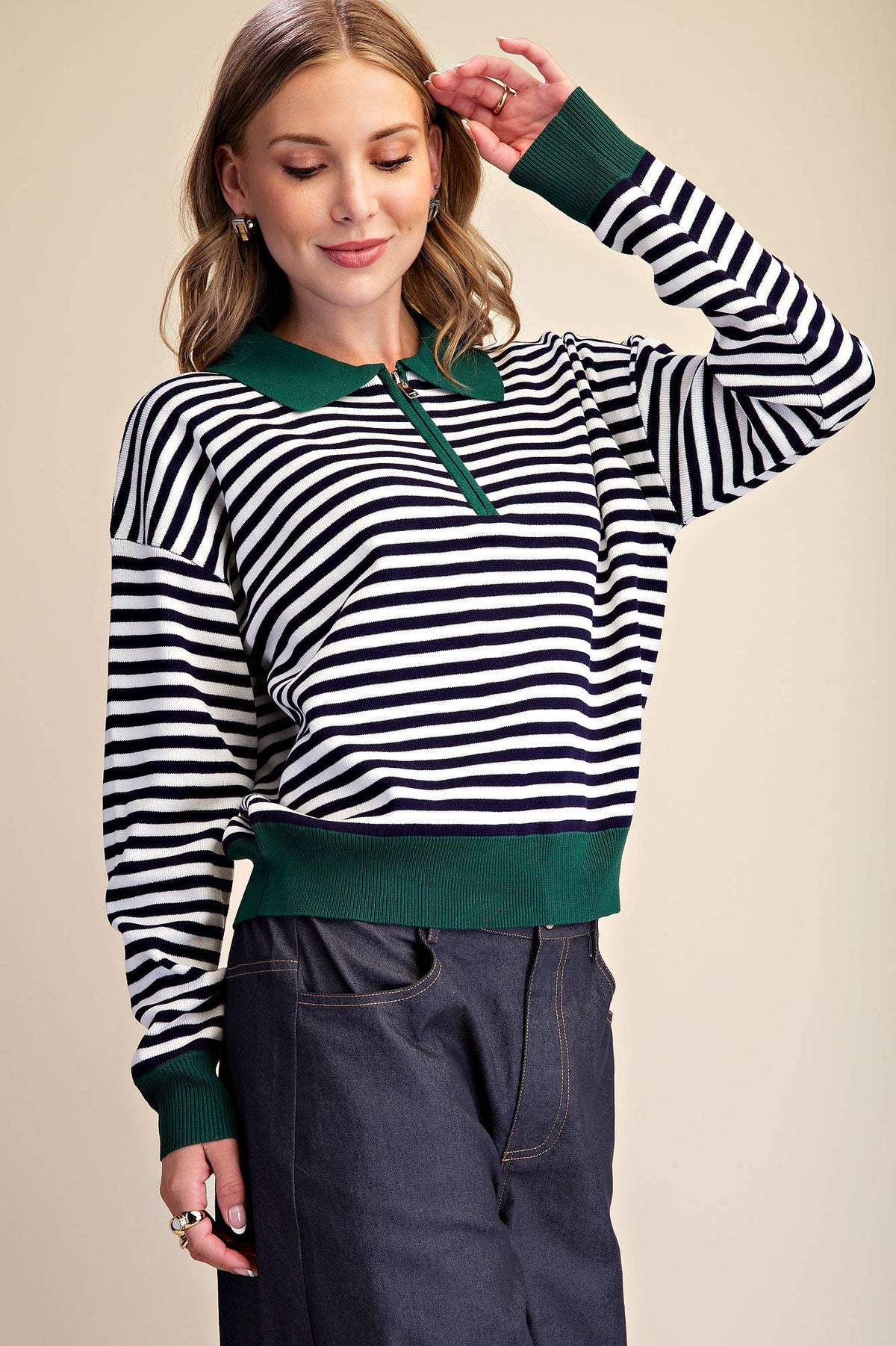Collar Zip Neck Long Sleeve Stripe Sweater