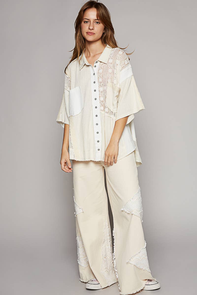 Short sleeve lace contrast button down
