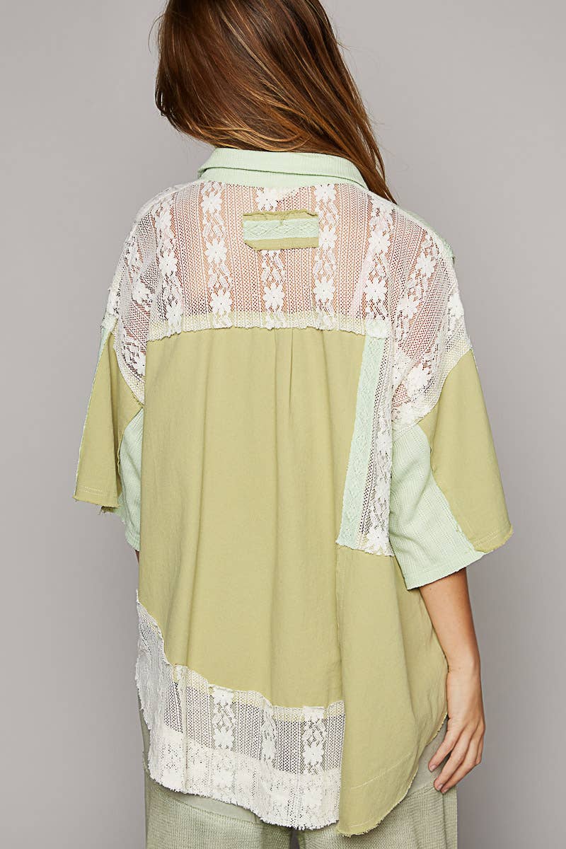 Short sleeve lace contrast button down