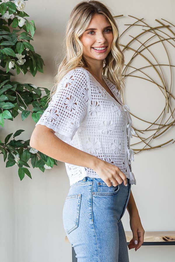 Knit Floral Tie Front Top