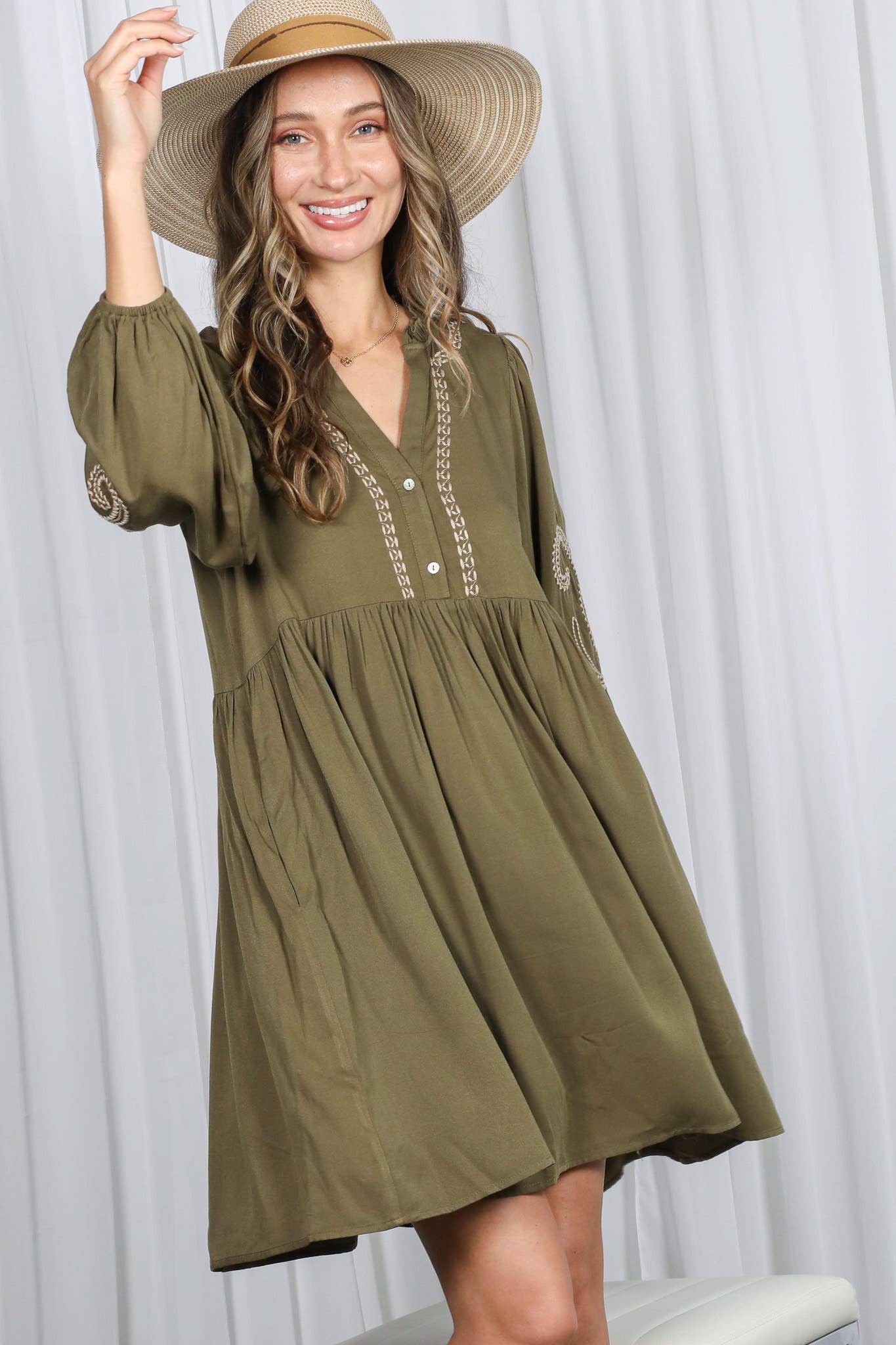Paisley Embroidered V-Neck Baby Doll Mini Dress
