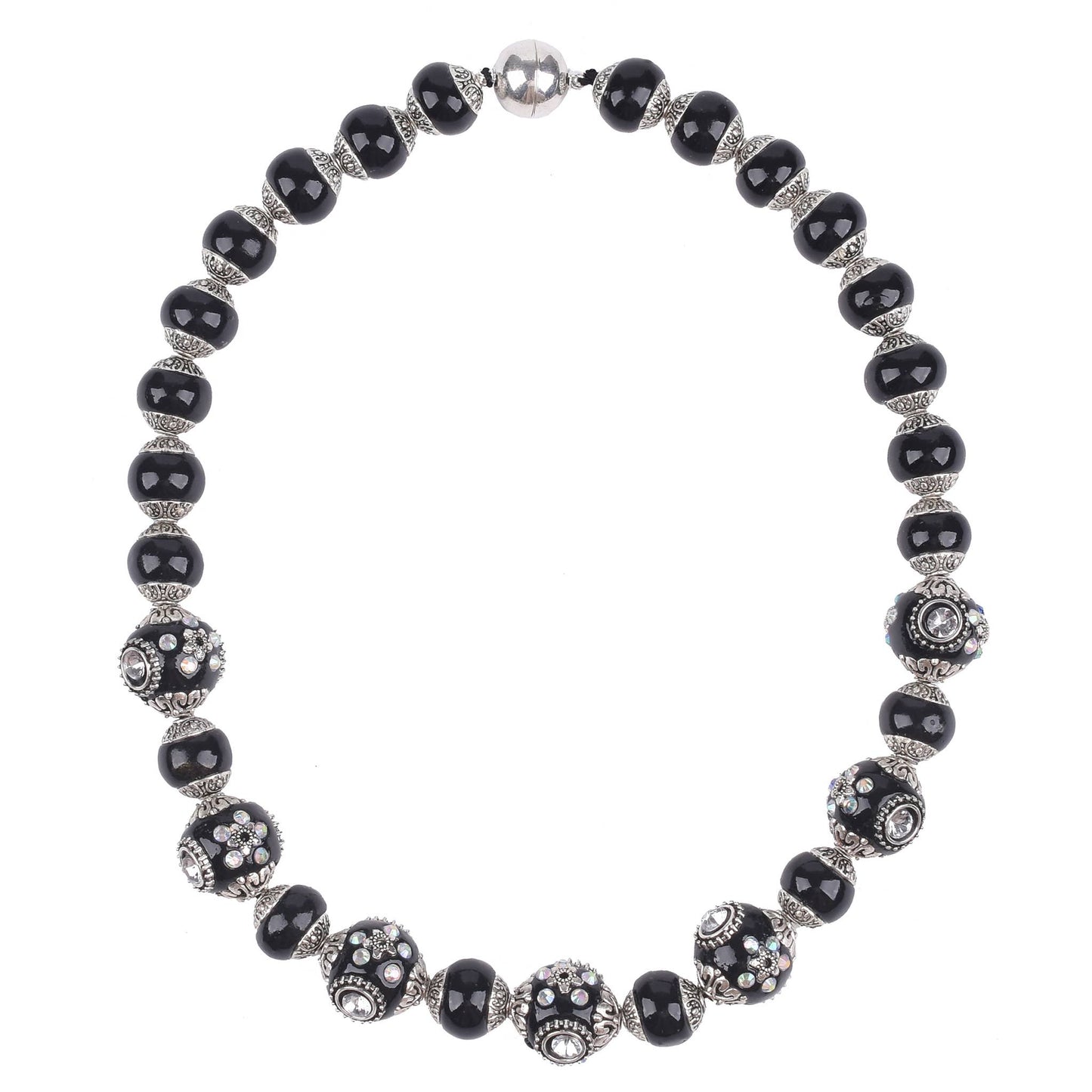 Black Ceramic & Rhinestone Lamp Work Bead Necklace