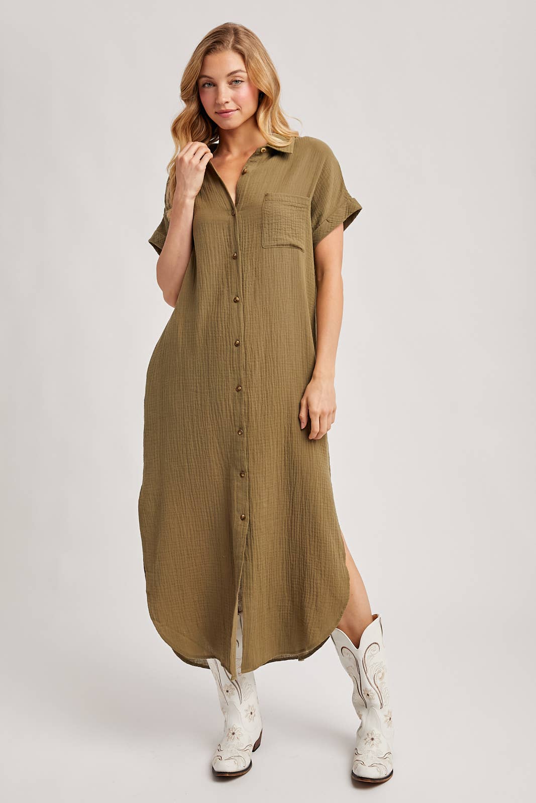 BUTTON UP MAXI SHIRT DRESS WITH POCKET