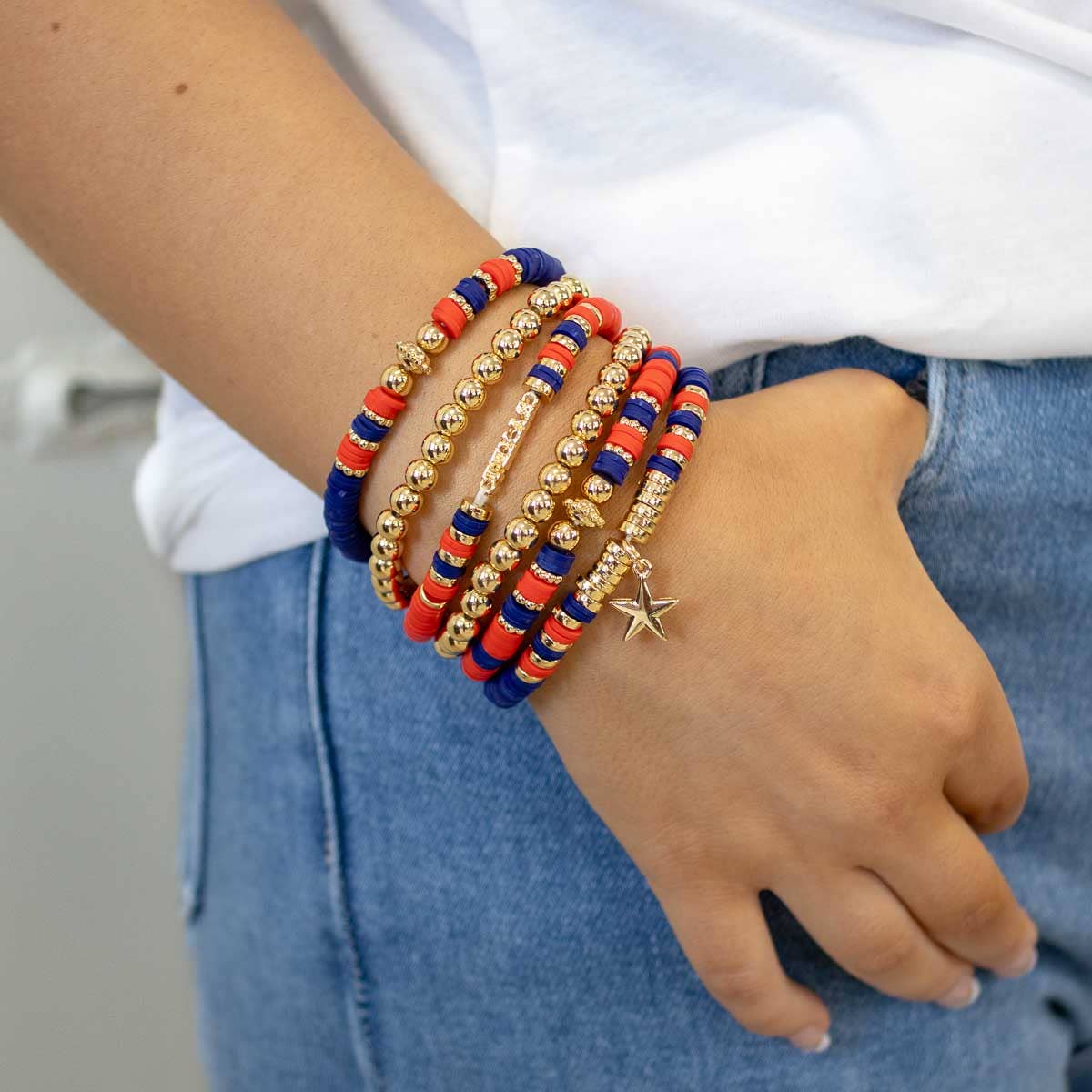 Texas Bead Bracelet Stack Red/Blue/Gold 7"