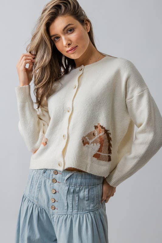 Horse Graphic Button Front Cropped Cardigan