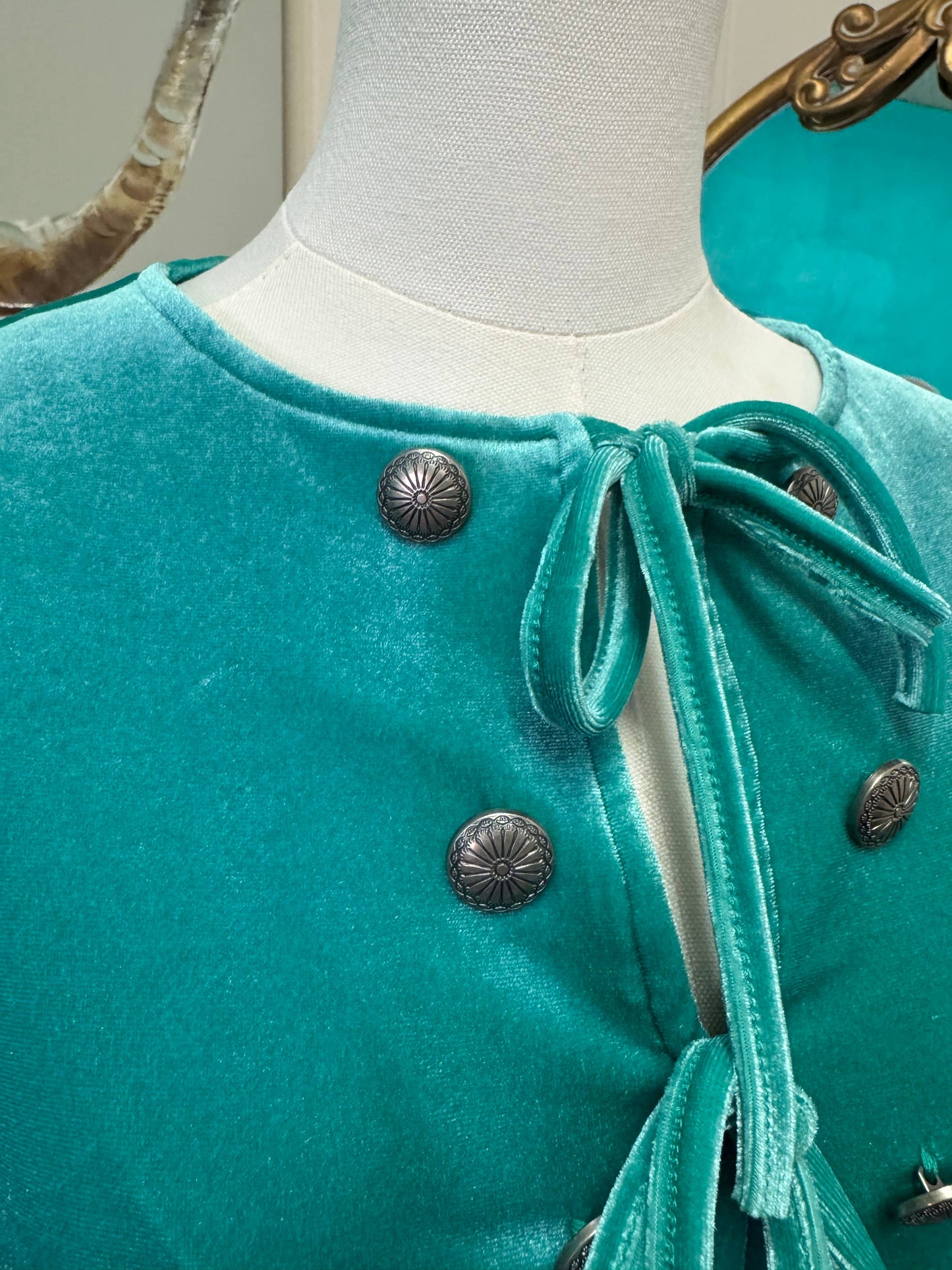 Turquoise velvet long sleeve peplum top, bow ties & conchos