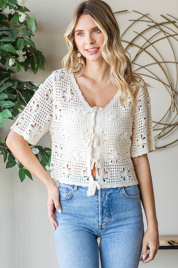 Knit Floral Tie Front Top