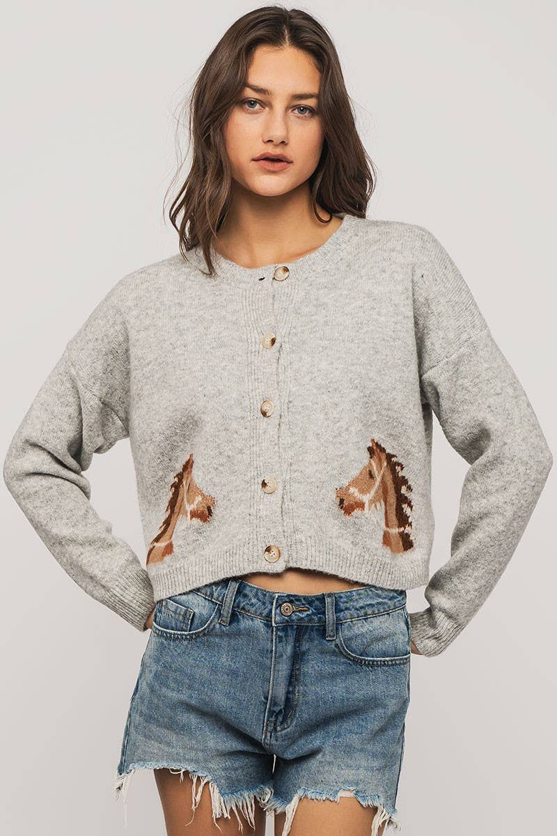Horse Graphic Button Front Cropped Cardigan