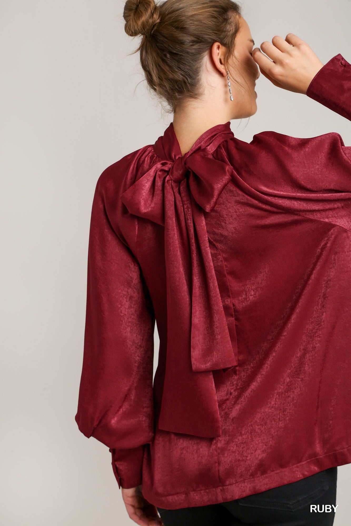 Charmeuse Satin High Neck Balloon Sleeve Top with Tie
