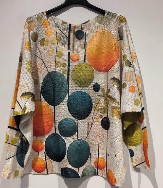 Cream Circles V-Neck Knit Printed Sweater
