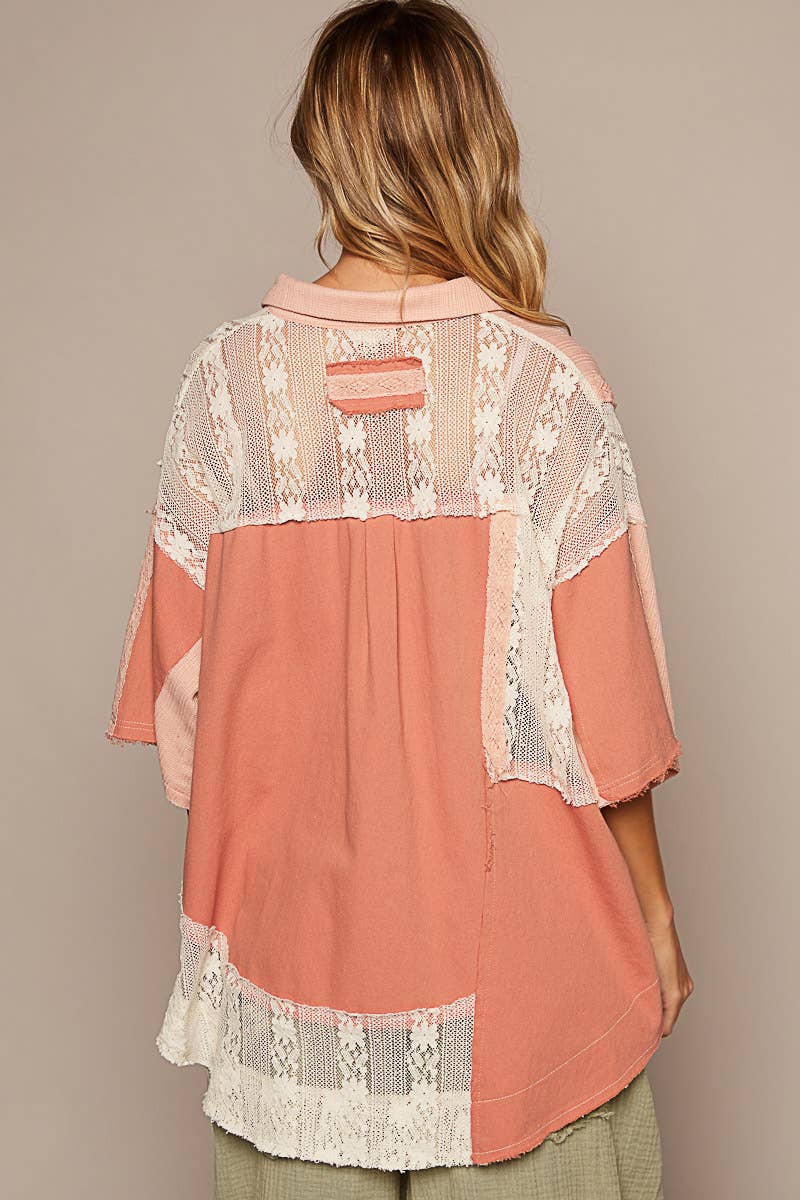 Short sleeve lace contrast button down