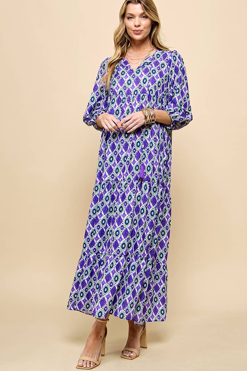 3/4 Lantern Sleeve Print Boho Maxi Dress