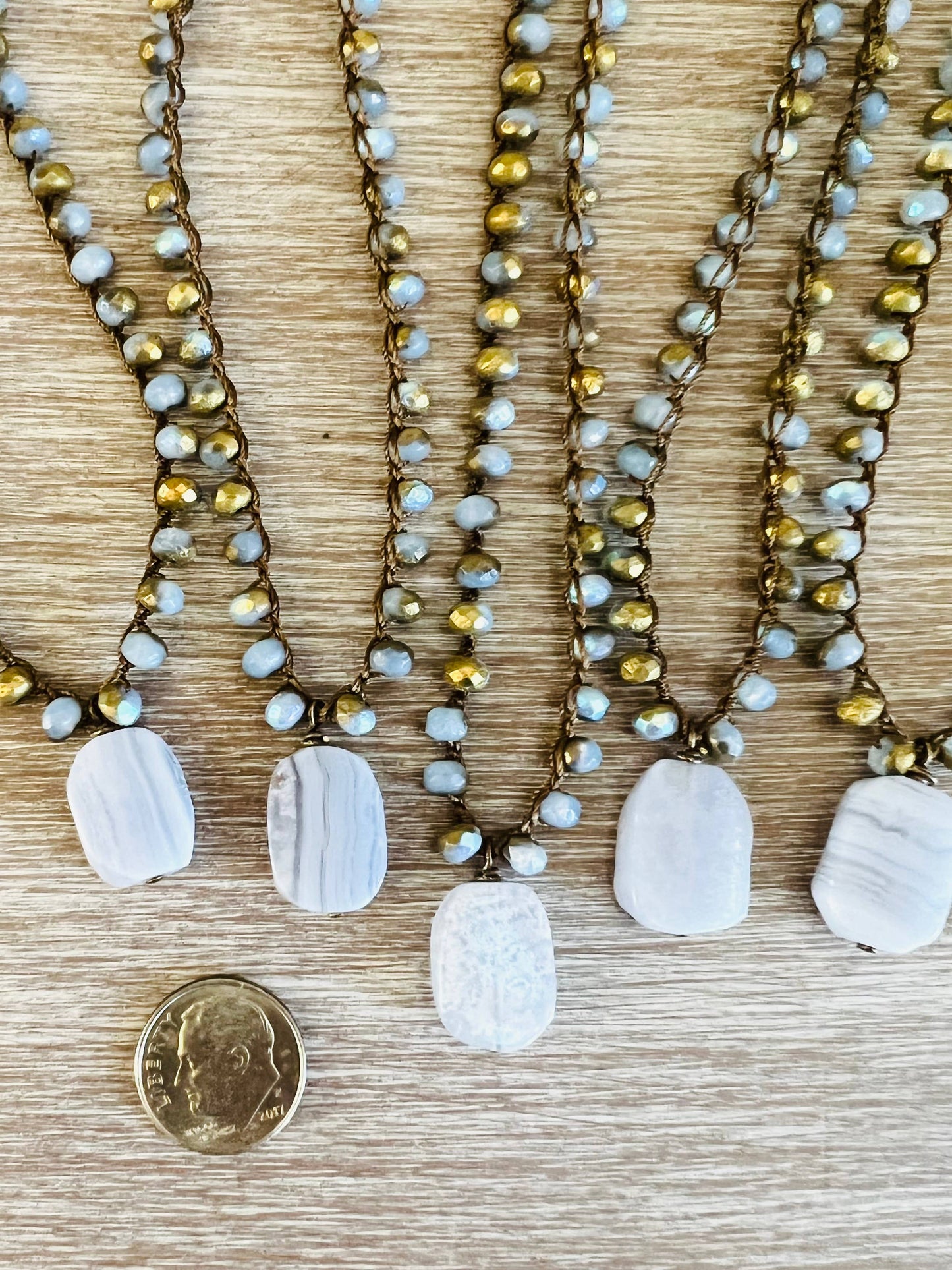 Blue Lace Agate Natural Stone Necklace With Autumn Gold