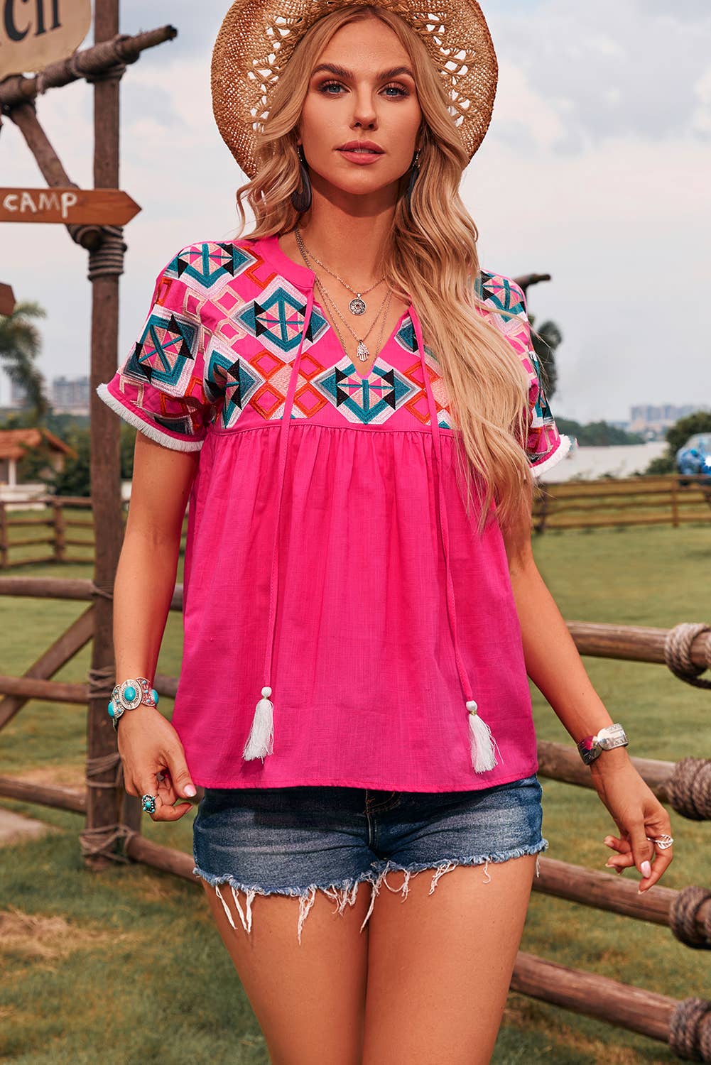 Geometric Embroidered Tassel Tie V Neck Blouse