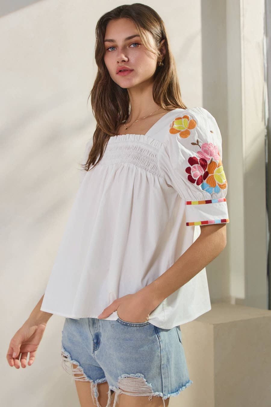 Solid Poplin Smocked Top Blouse