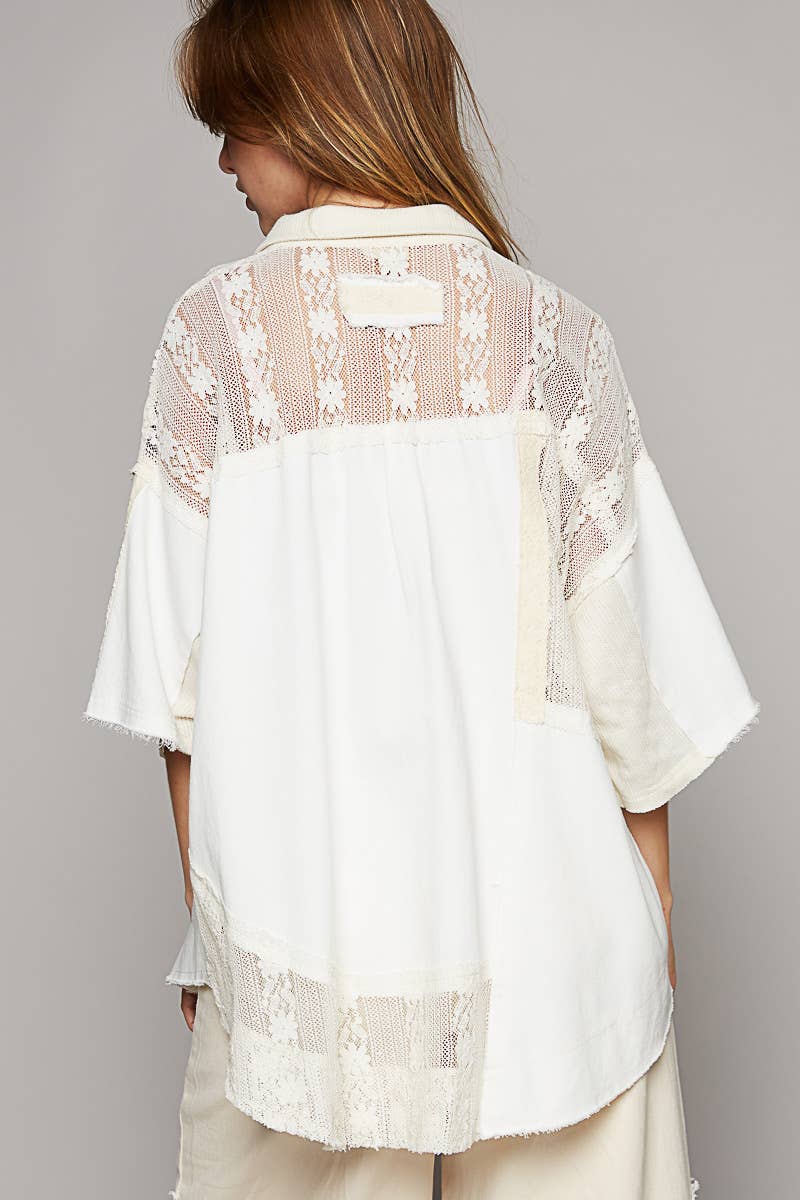 Short sleeve lace contrast button down