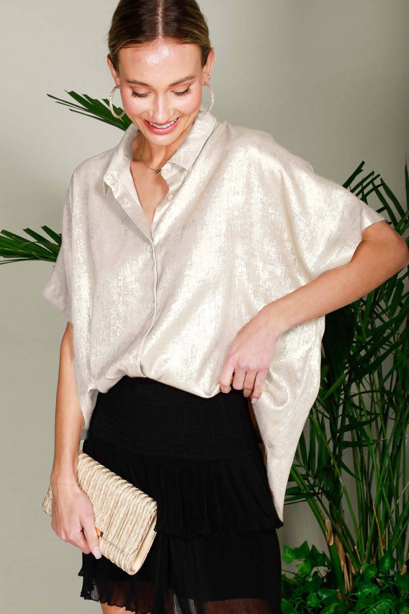 Metallic Woven Button Front Closure Blouse T