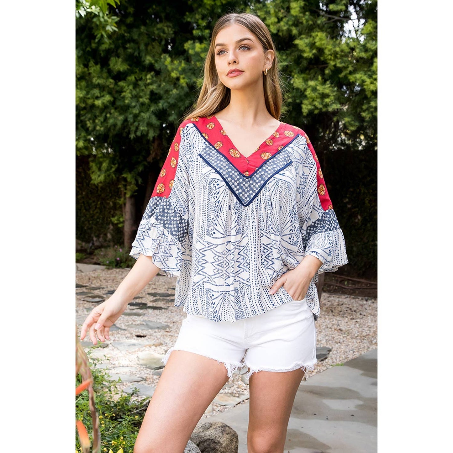Mixed Print Mid Bell Sleeve Top