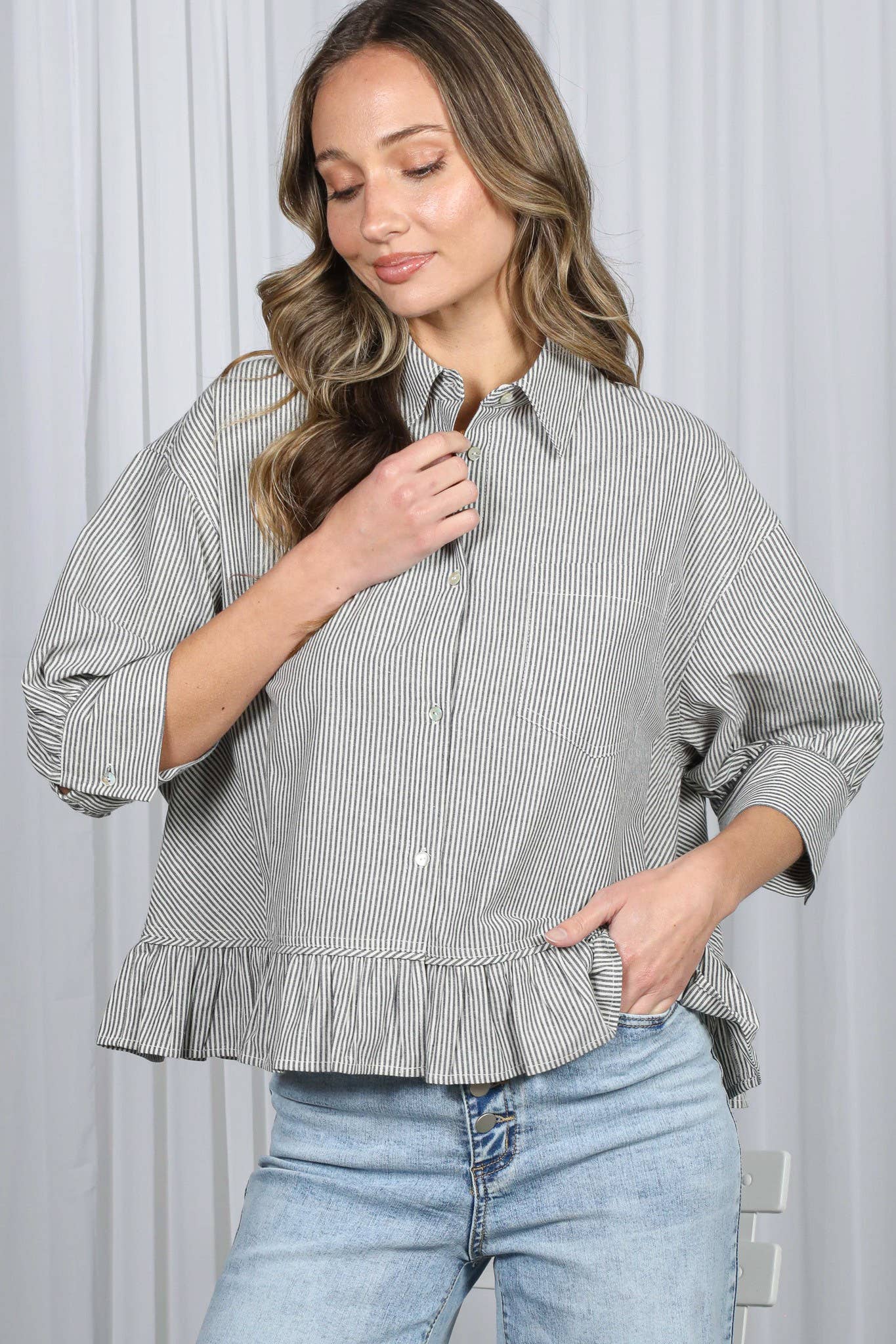 Pocket Detail Ruffle HemStriped Shirt