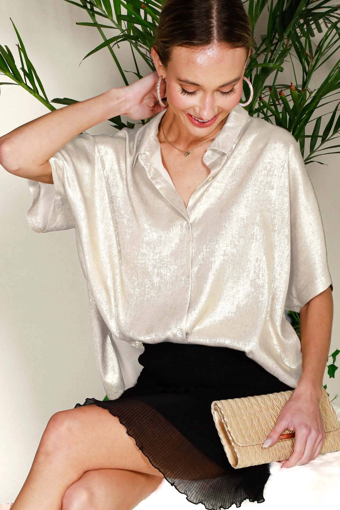 Metallic Woven Button Front Closure Blouse T
