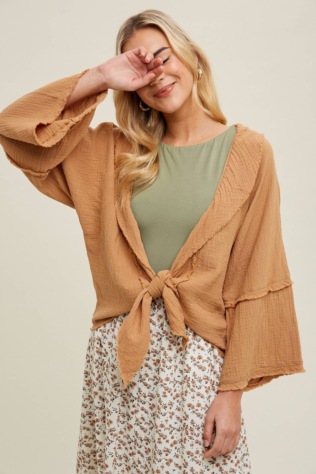 GAUZE KIMONO SLEEVE SELF TIE CARDIGAN