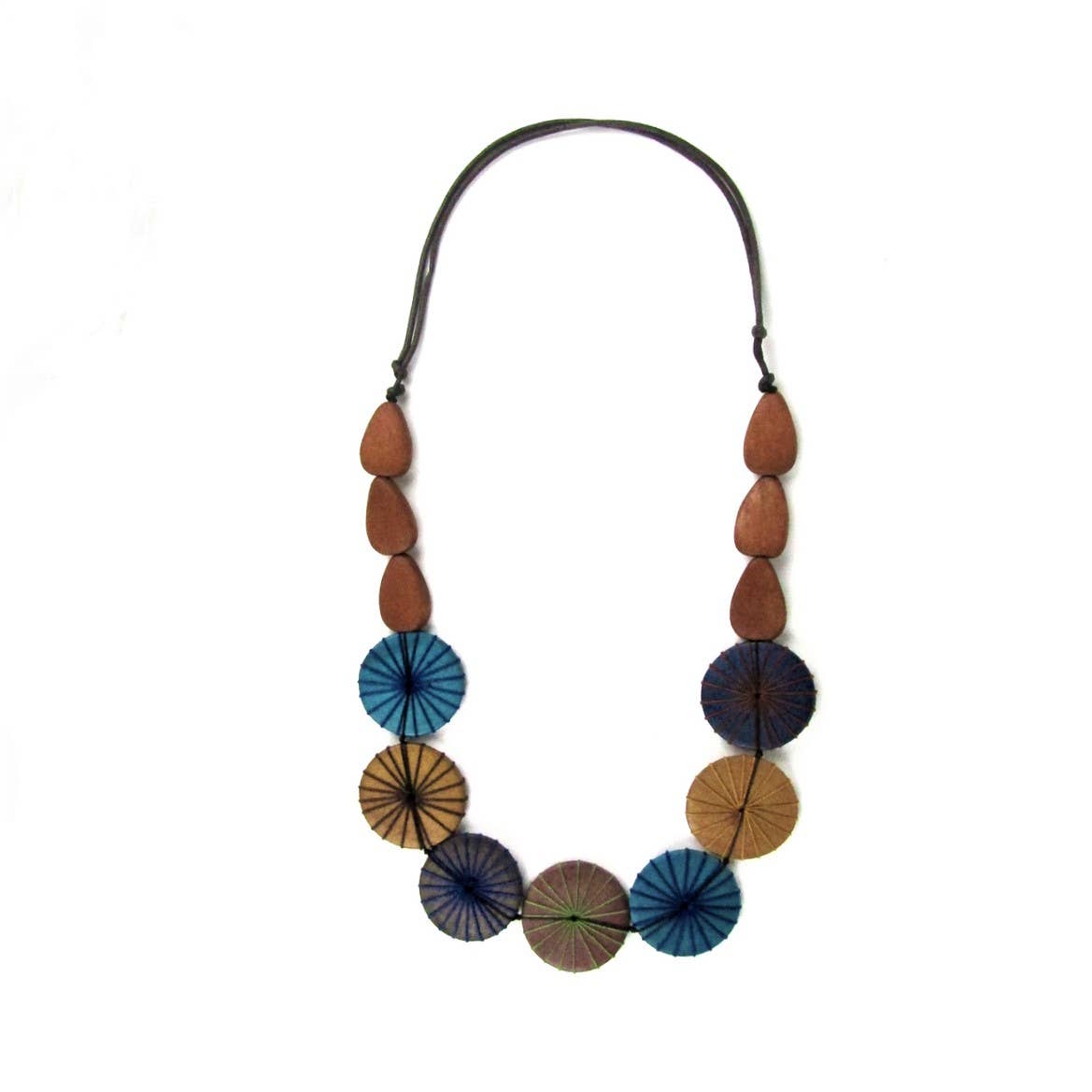 Lucia rich brown and blue wood bead metal free necklace