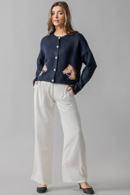 Horse Graphic Button Front Cropped Cardigan