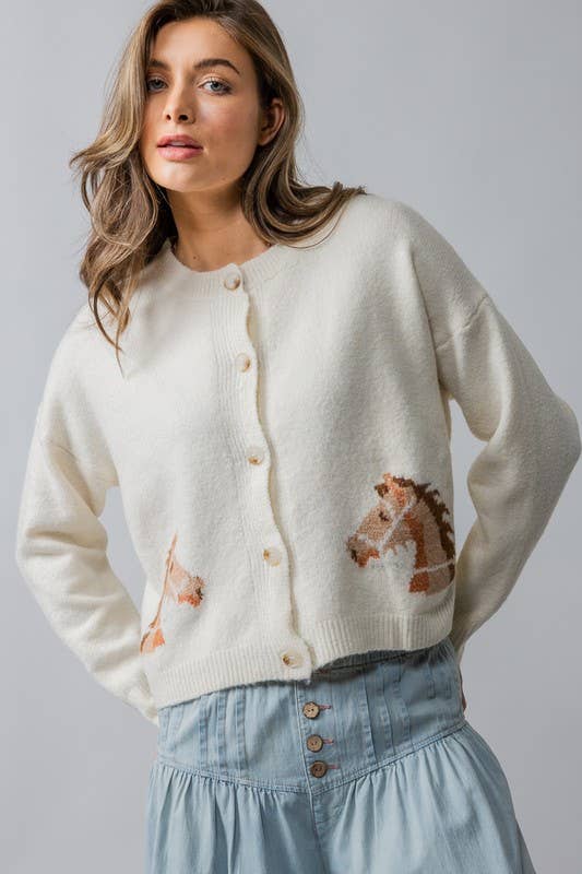 Horse Graphic Button Front Cropped Cardigan
