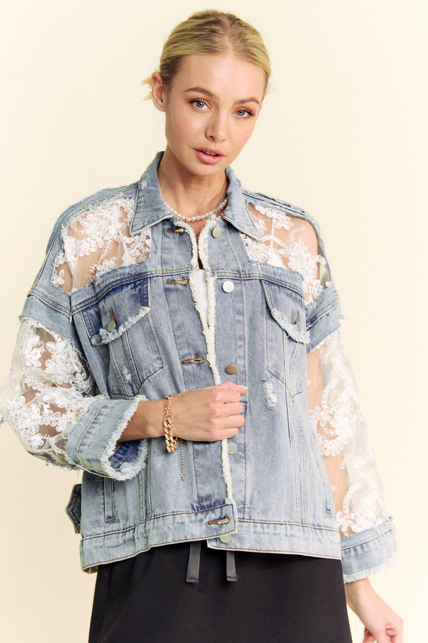 FLORAL EMBROIDERY LACE DISTRESSED DENIM JACKET